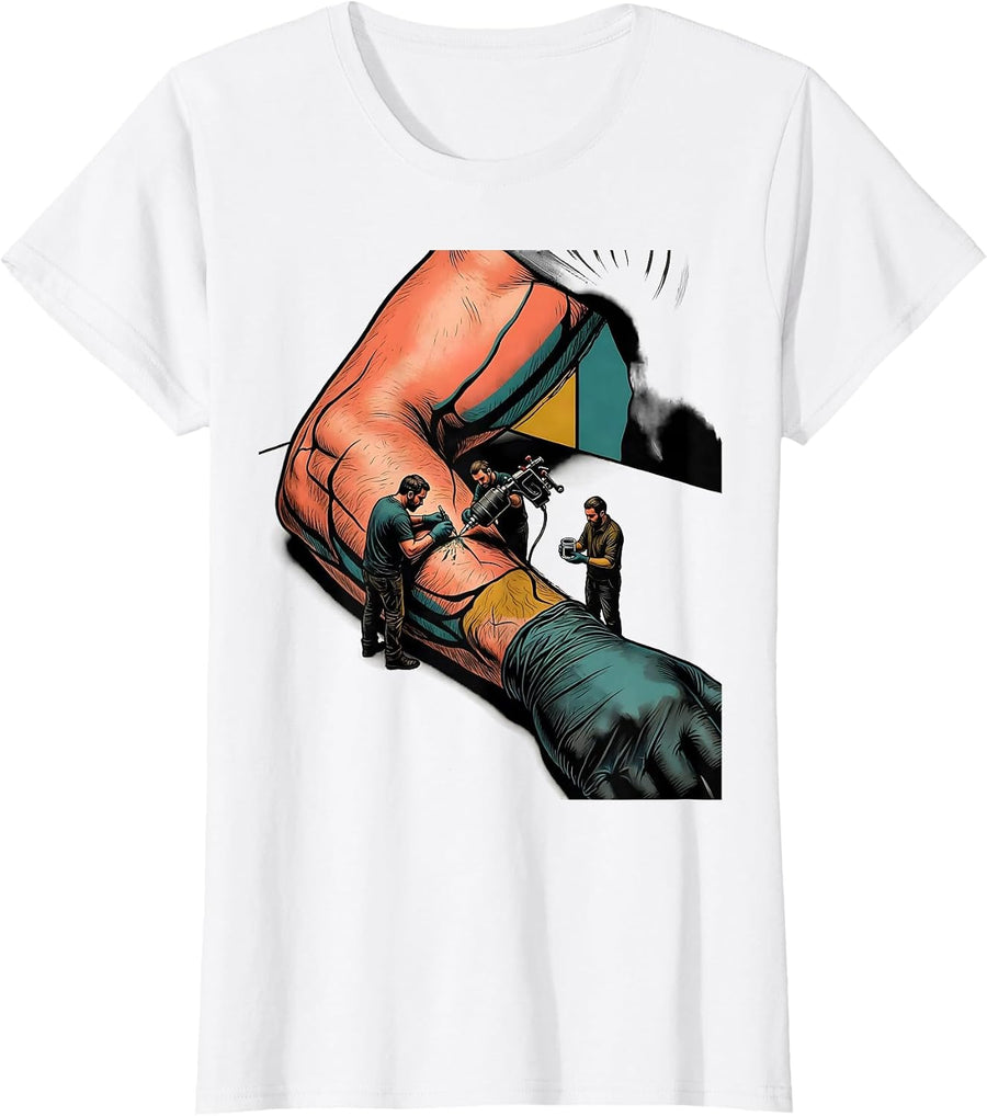 Women's Oversized Tattooed Arm Funny Tattoo Artist Humor T-Shirt - White