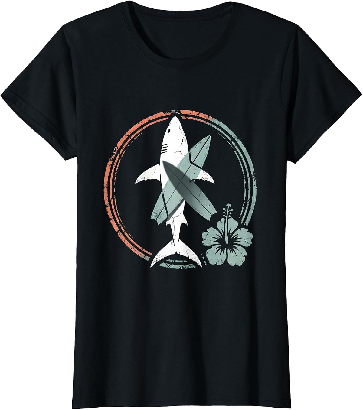 Great White Shark Under Surfboard Hawaiian Design T-Shirt - Black