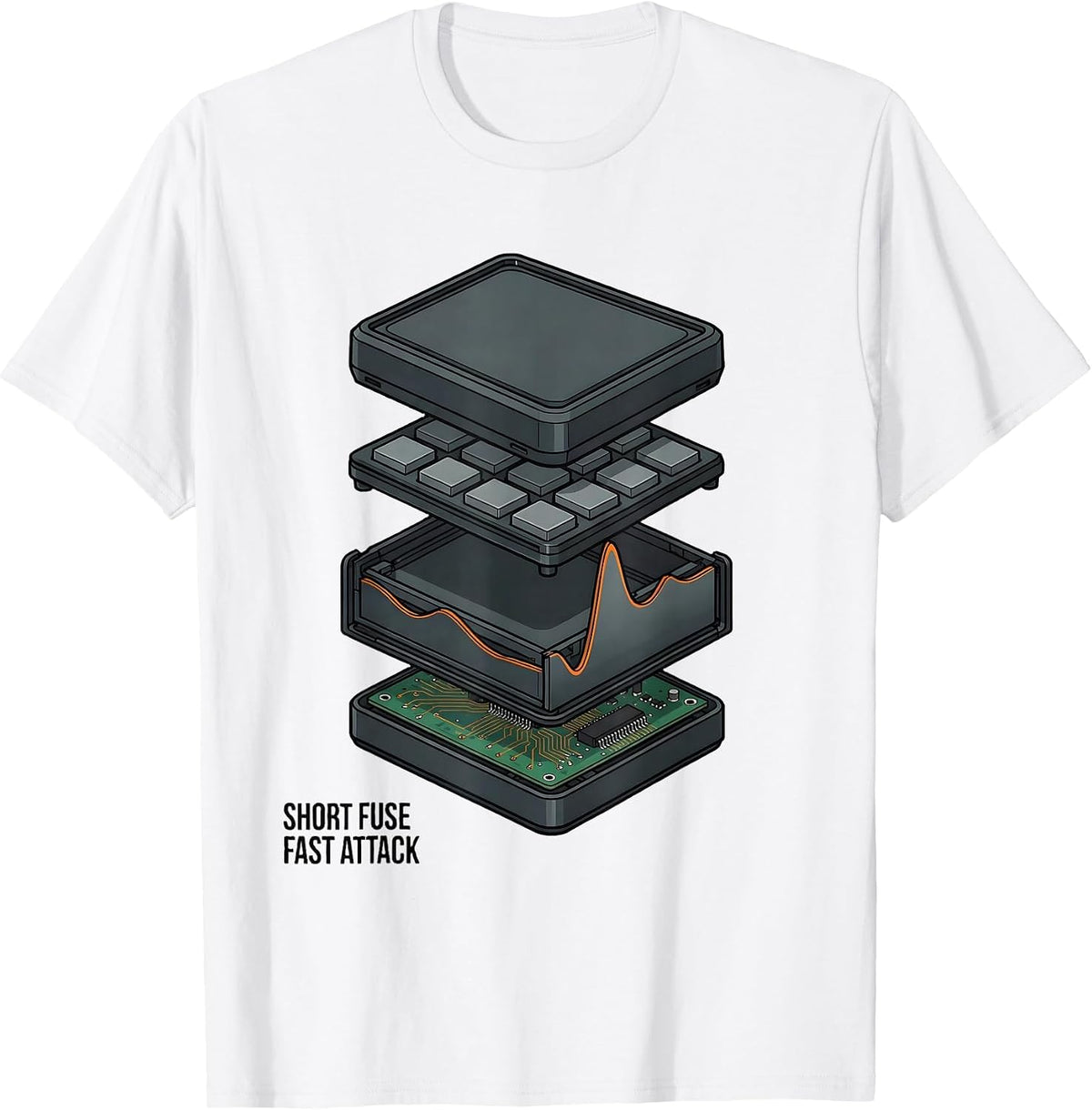 Men's Short Fuse, Fast Attack Exploded View Technical DJ Gift T-Shirt - White