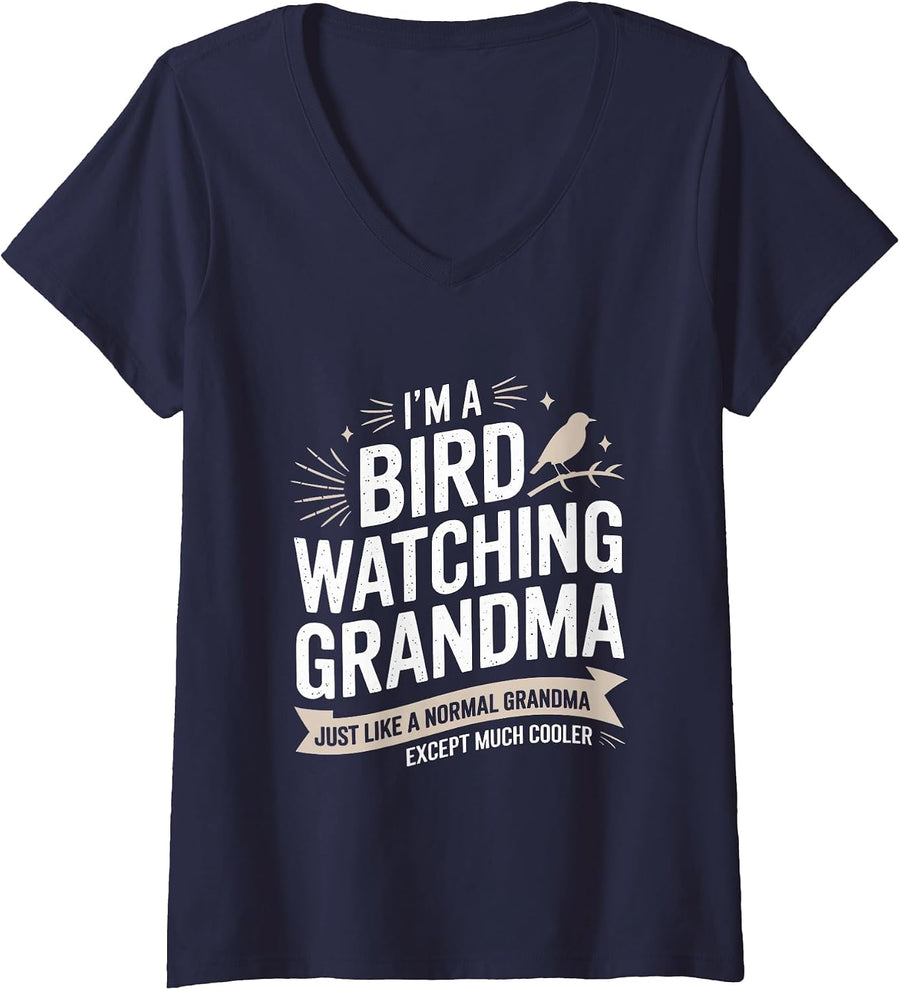 Women's Bird Watching Grandma Birding Bird Watcher Birder Women V-Neck T-Shirt - Navy Blue