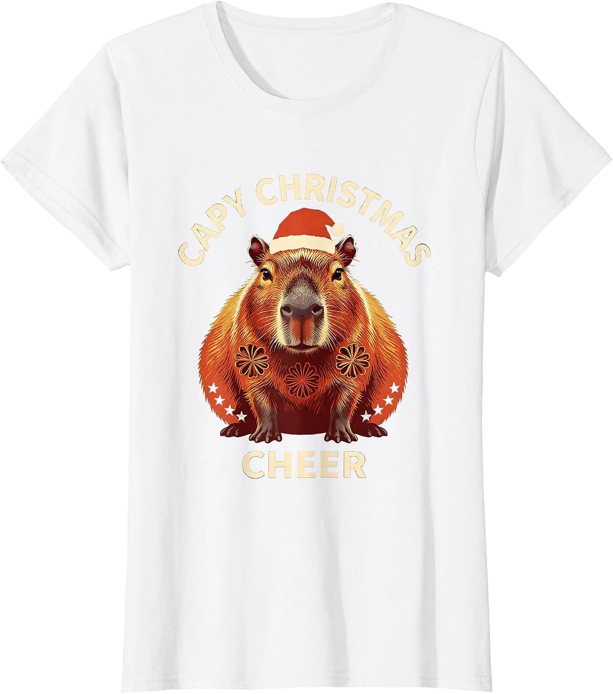 Women's Capy Christmas Cheer Folk Art Cute Capybara Santa Hat T-Shirt - White