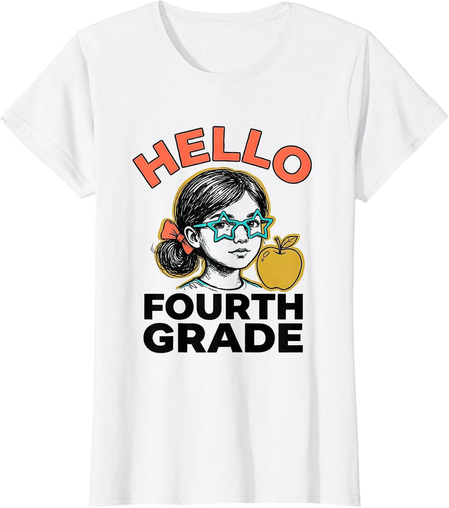 Women's Hello, Fourth Grade Cute Messy Bun Back To School Girl T-Shirt - White