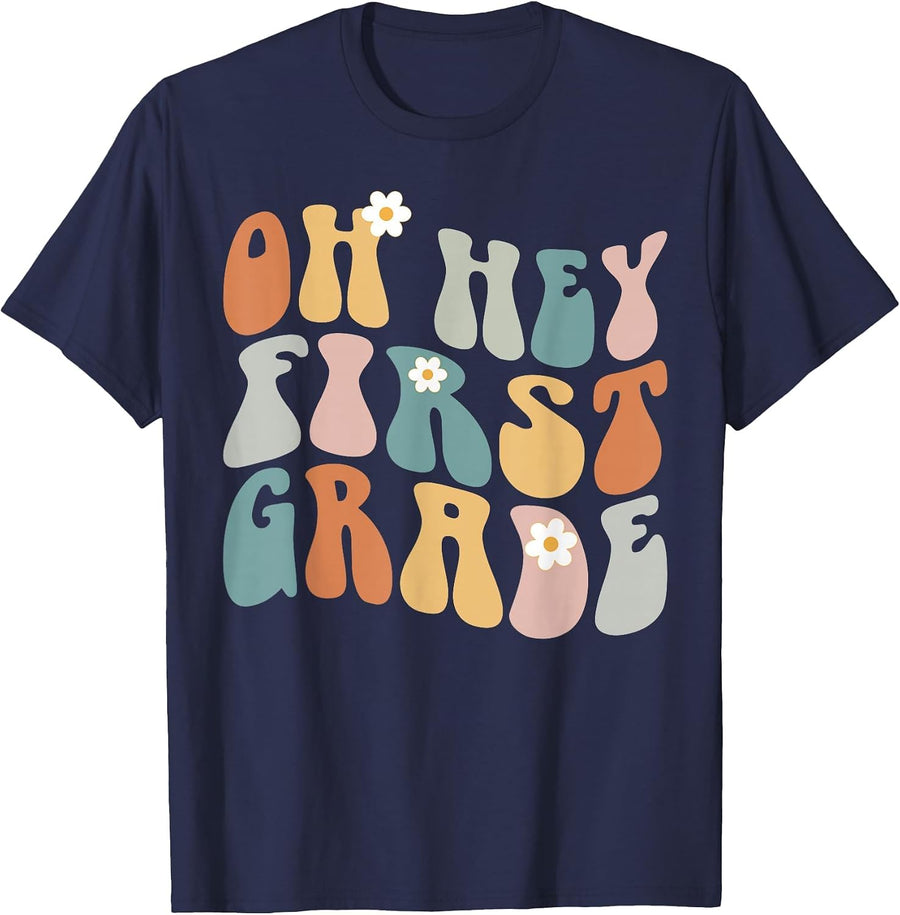 Oh Hey First Grade Girls Teacher Team 1st Grade Groovy Retro T-Shirt - Navy Blue