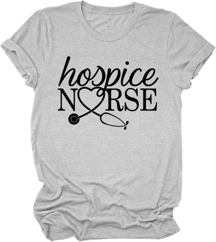 Hospice Nurse Shirts for Women Registered Nurse RN Emergency Nurse T-Shirt Graphic Tees Summer Short Sleeve Tops - Gray