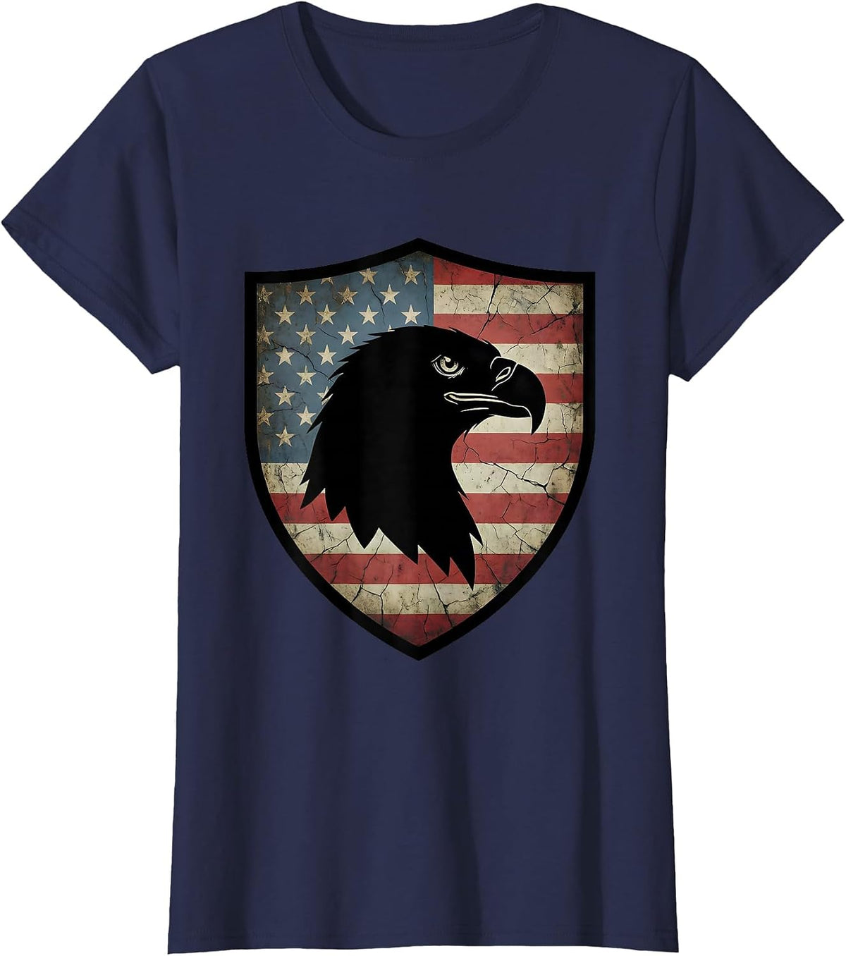 Women's Eagle Head Flag Shield American Pride Graphic T-Shirt - Navy Blue