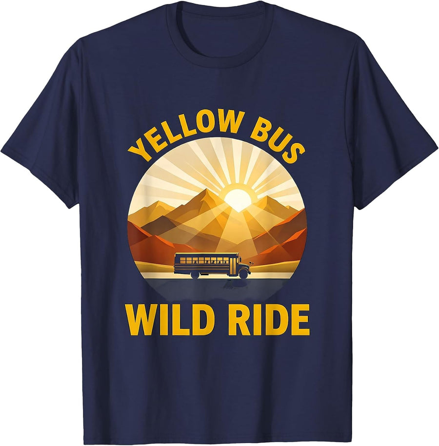Yellow Bus Wild Ride School Bus Driver Design T-Shirt - Navy Blue