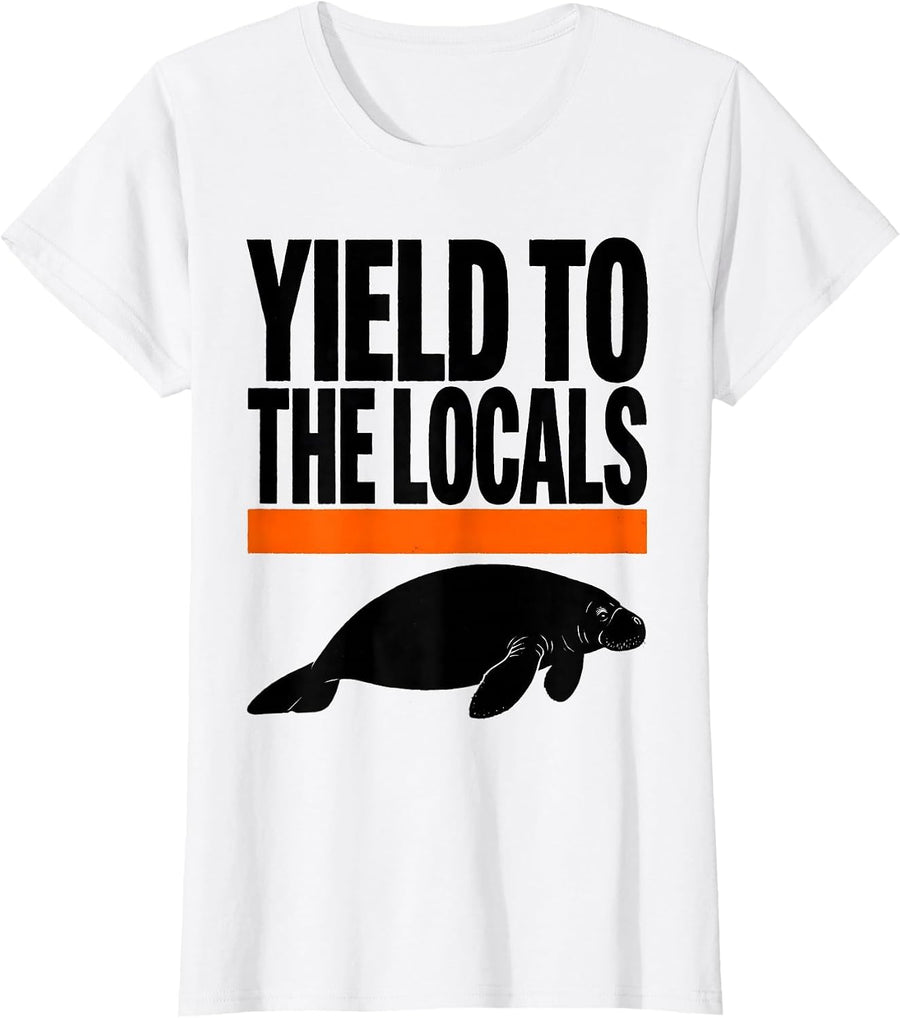 Women's Yield To The Locals Brutalist Manatee Lover Ocean Animal T-Shirt - White