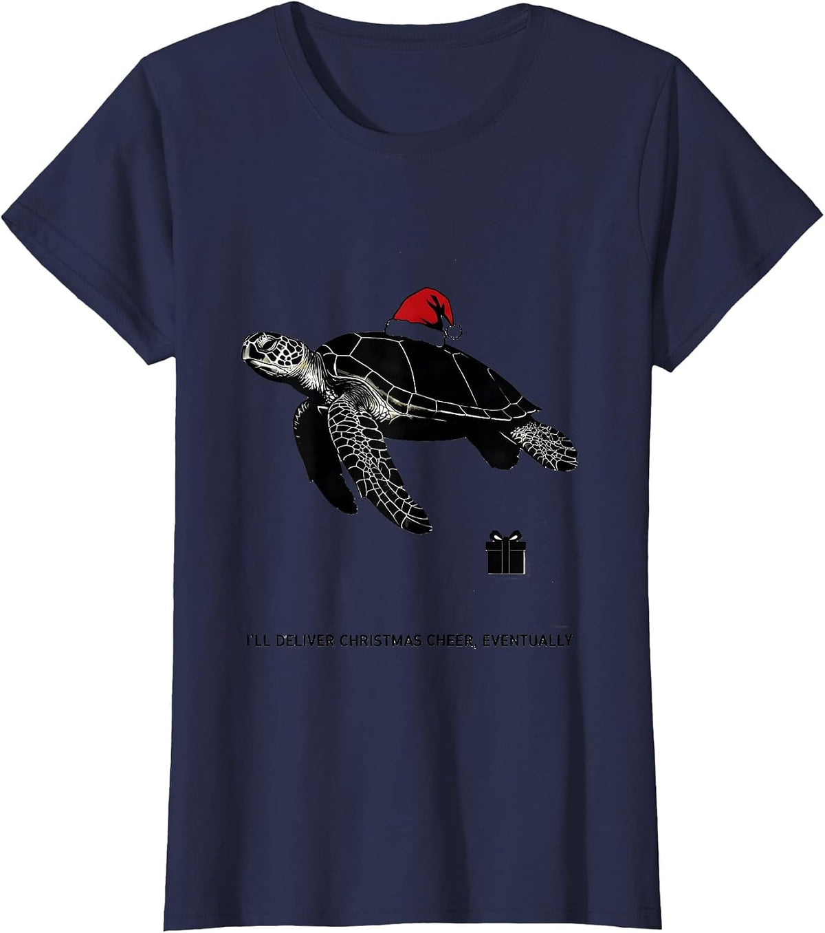 Women's I'll Deliver Christmas Cheer, Eventually Sea Turtle T-Shirt - Navy Blue