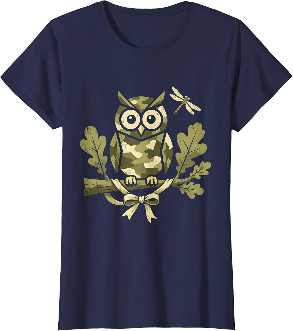 Women's Camo Owl Perched on Oak Branch Design T-Shirt - Navy Blue