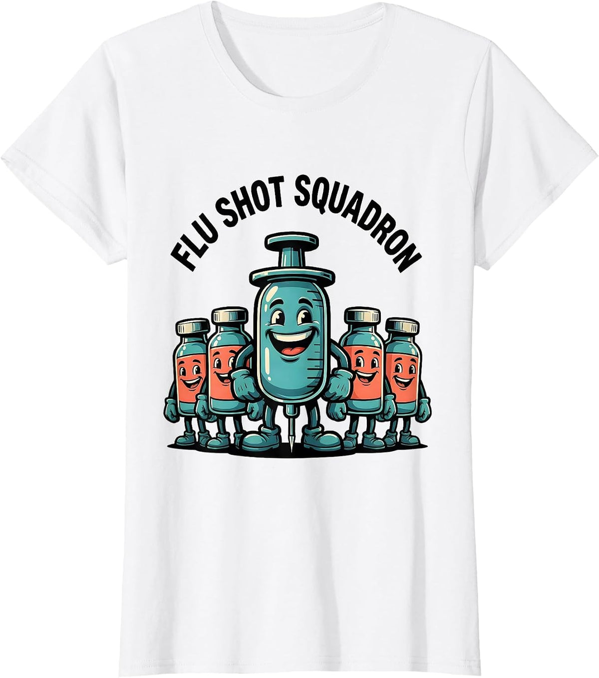Flu Shot Squadron Cartoon Nurse Doctor Vaccine Humor T-Shirt - White