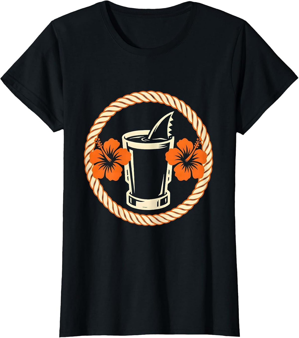 Women's Tropical Cocktail Shark Fin Hawaiian Design T-Shirt - Black