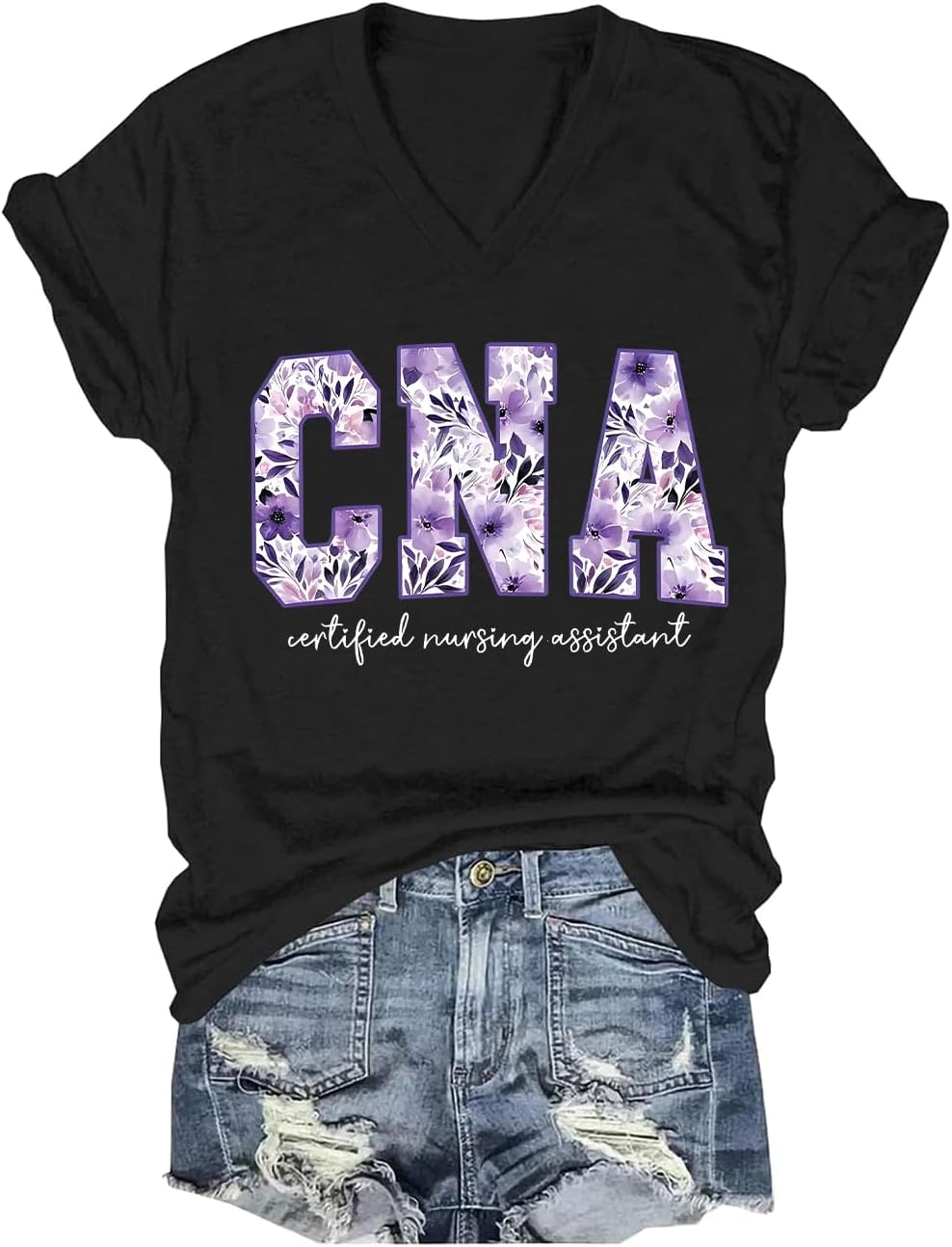 Purple Watercolor Floral CNA Shirt Certified Nursing Assistant Healthcare Worker V-Neck T-Shirt - Black