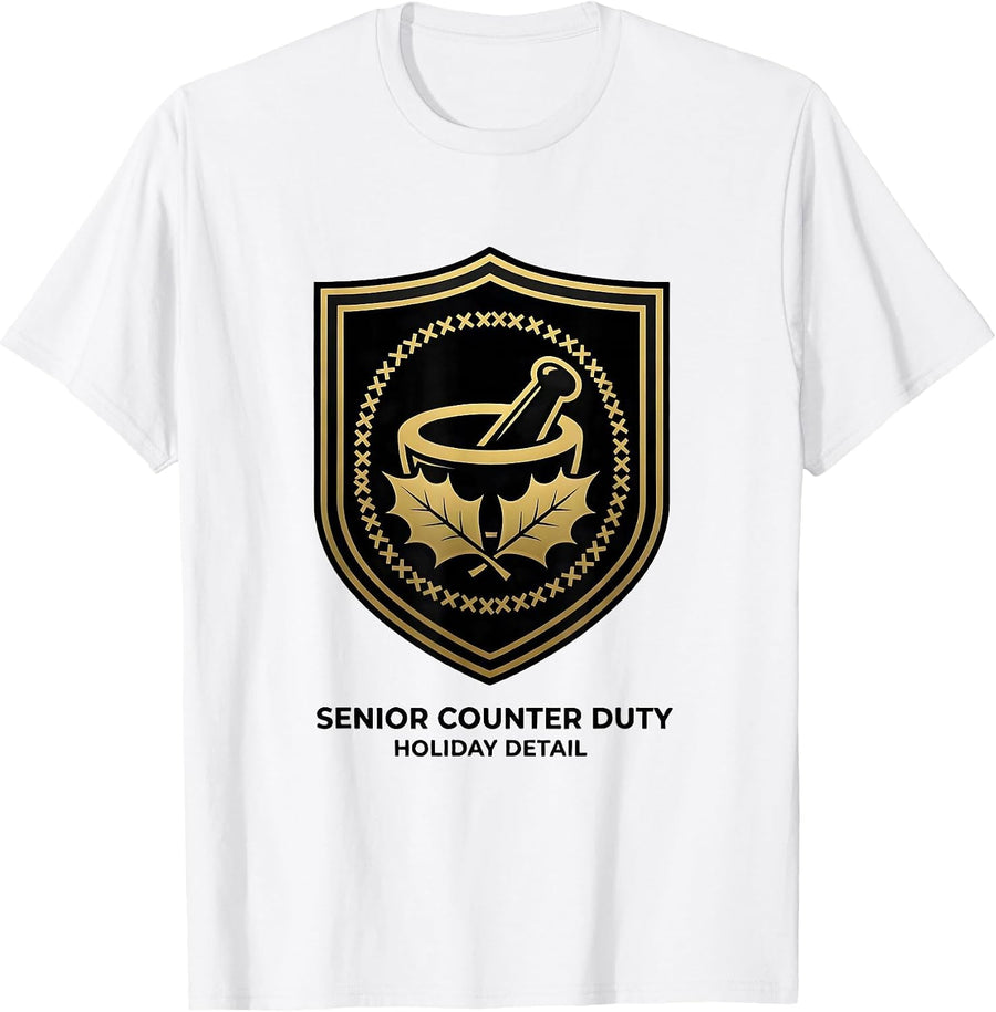 Men's Senior Counter Duty Holiday Detail Funny Pharmacy Squad T-Shirt - White