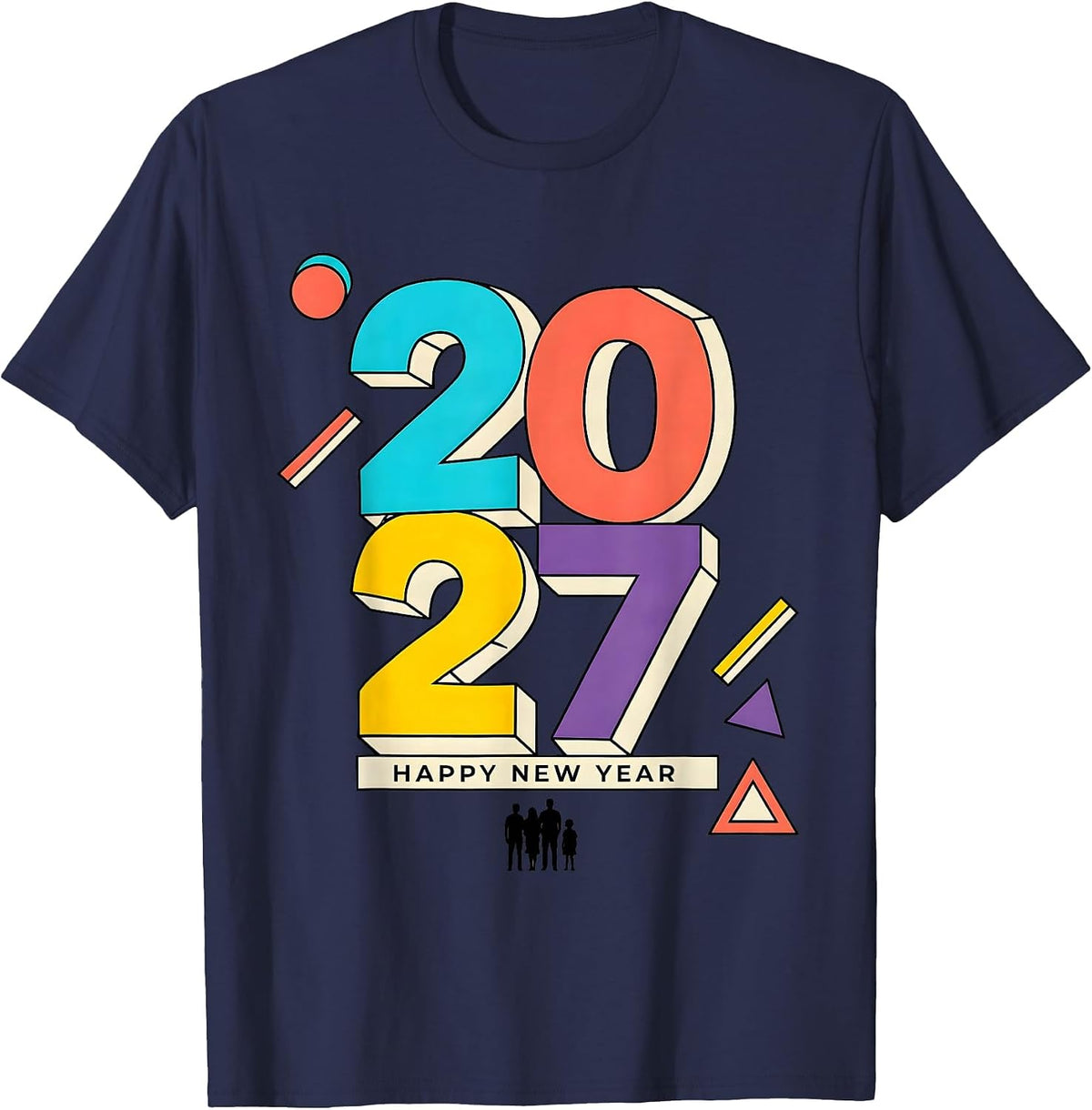 Happy New Year 2027 Memphis Postmodern Family Party T-Shirt - Navy Blue