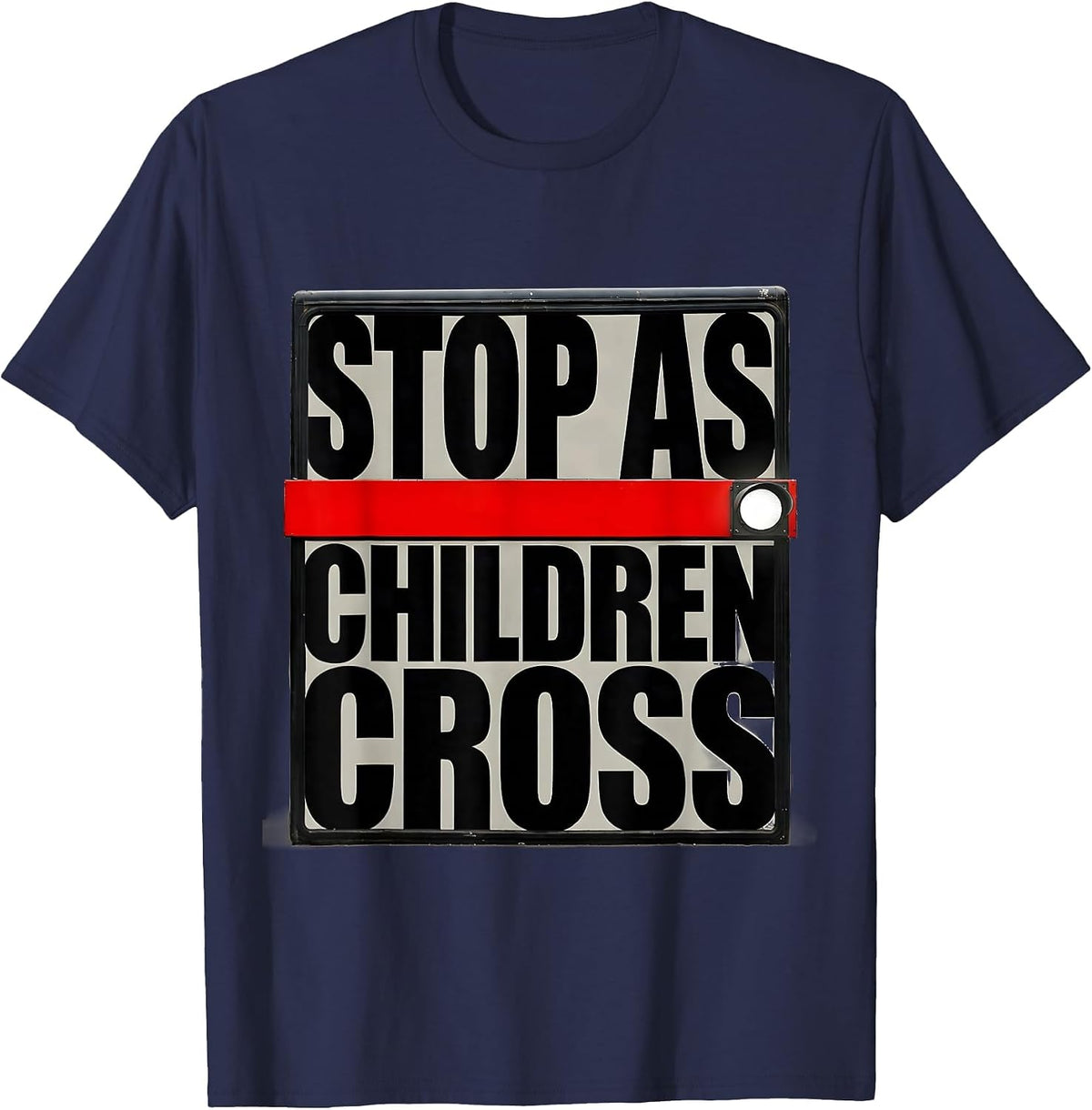 STOP AS CHILDREN CROSS Brutalist Bus Driver Safety Week T-Shirt - Navy Blue