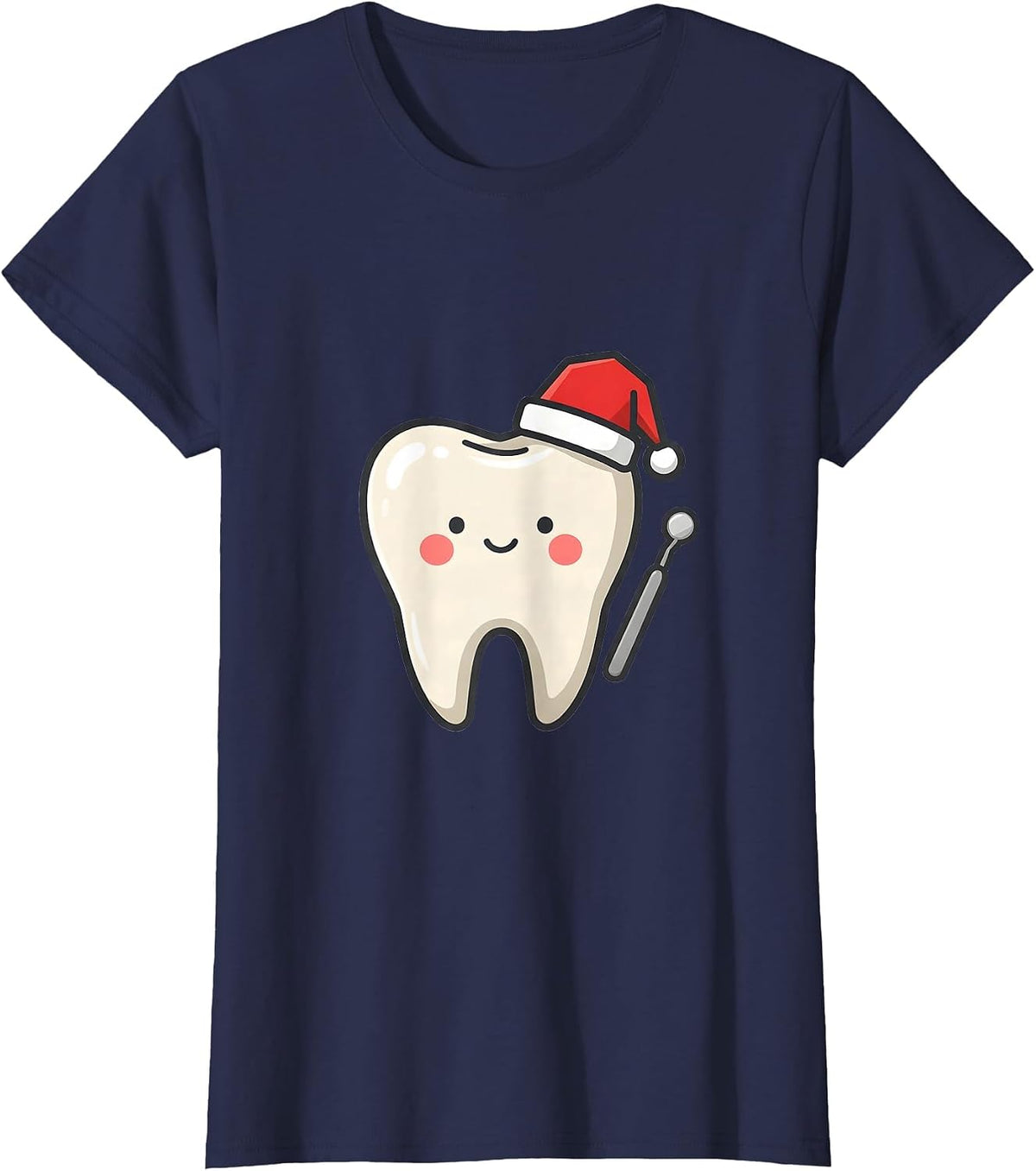 Women's Rounded Tooth Santa Hat Cute Dentist Christmas Dental Crew T-Shirt - Navy Blue