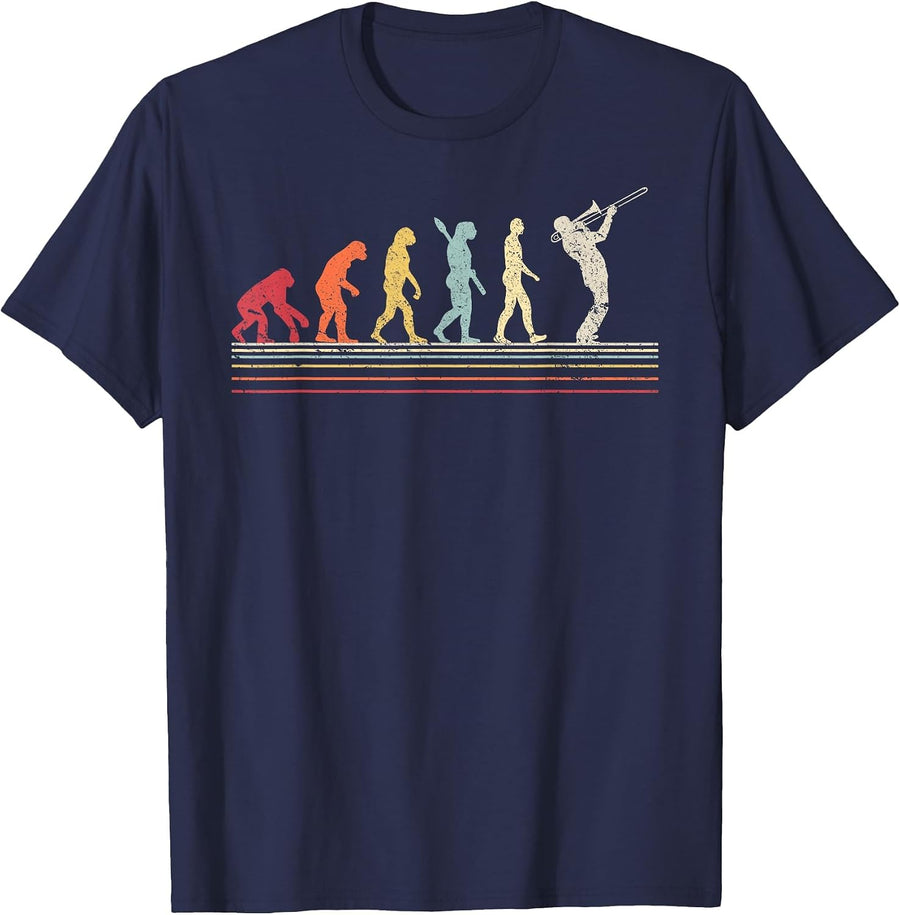 Funny Trombone T Shirt. Retro Vintage Evolution of Man Shirt T-Shirt - Navy Blue