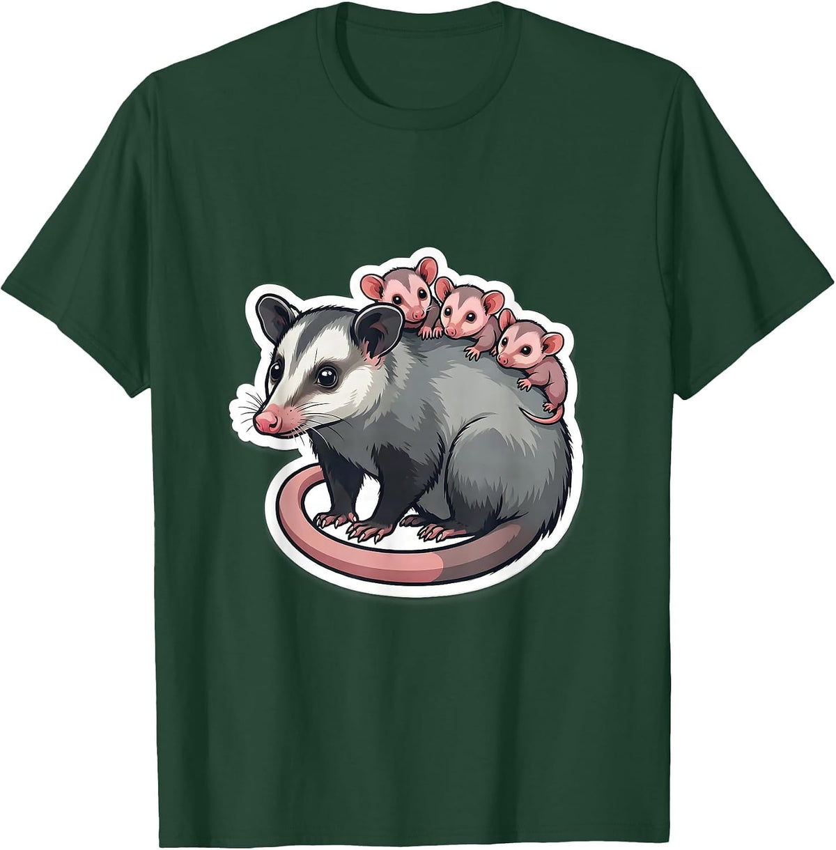 Opossum Mother With Babies Riding on Her Back T-Shirt - Dark Green