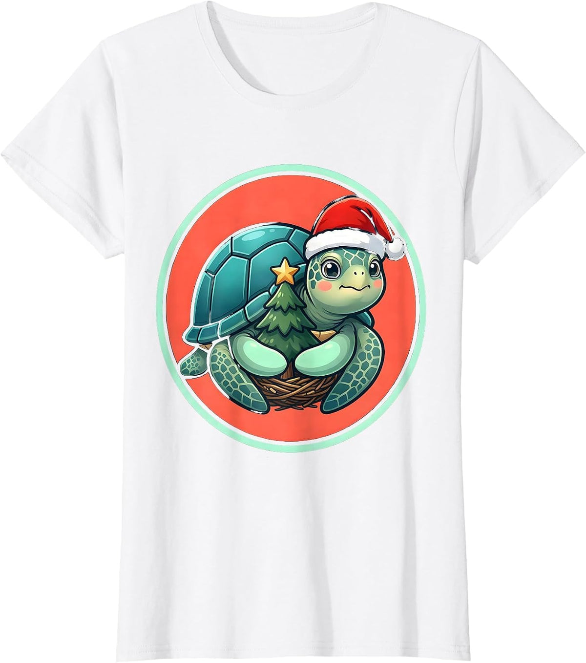 Women's Sea Turtle Santa Hat Cute Kawaii Christmas Novelty T-Shirt - White