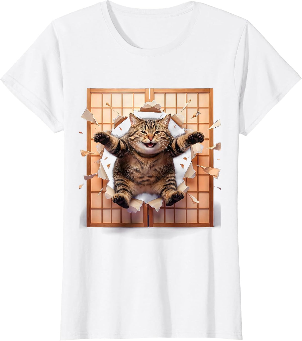 Women's Tabby Cat Leaping Through Shoji Screen T-Shirt - White
