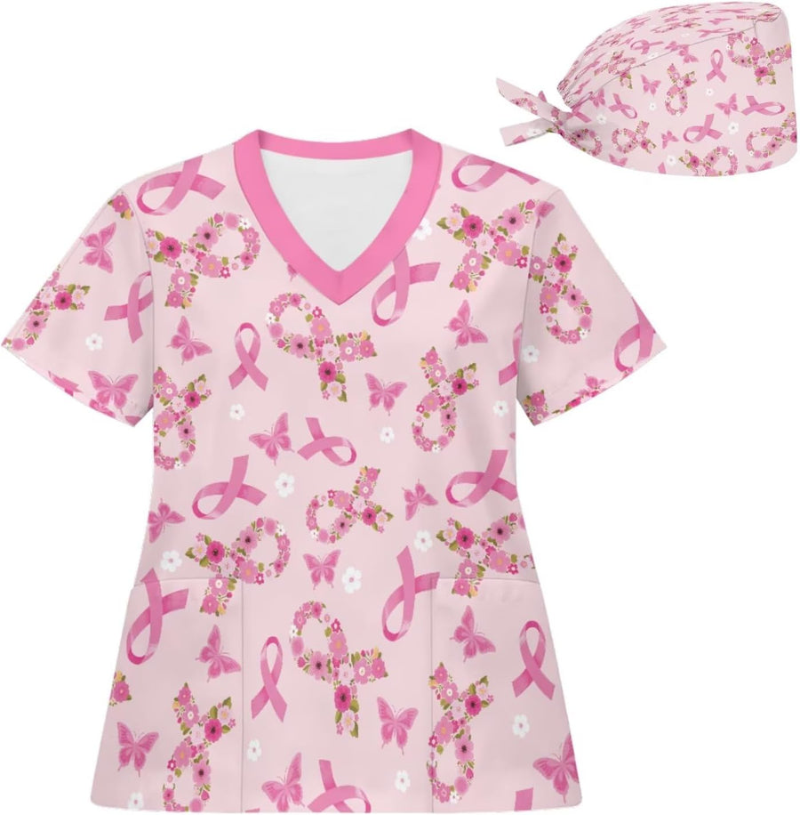 2 Piece Scrub Top and Cap Sets for Women V-Neck Nurse Uniforms Scrubs Shirt Medical Uniforms with Pockets,Size S-5XL - Pink