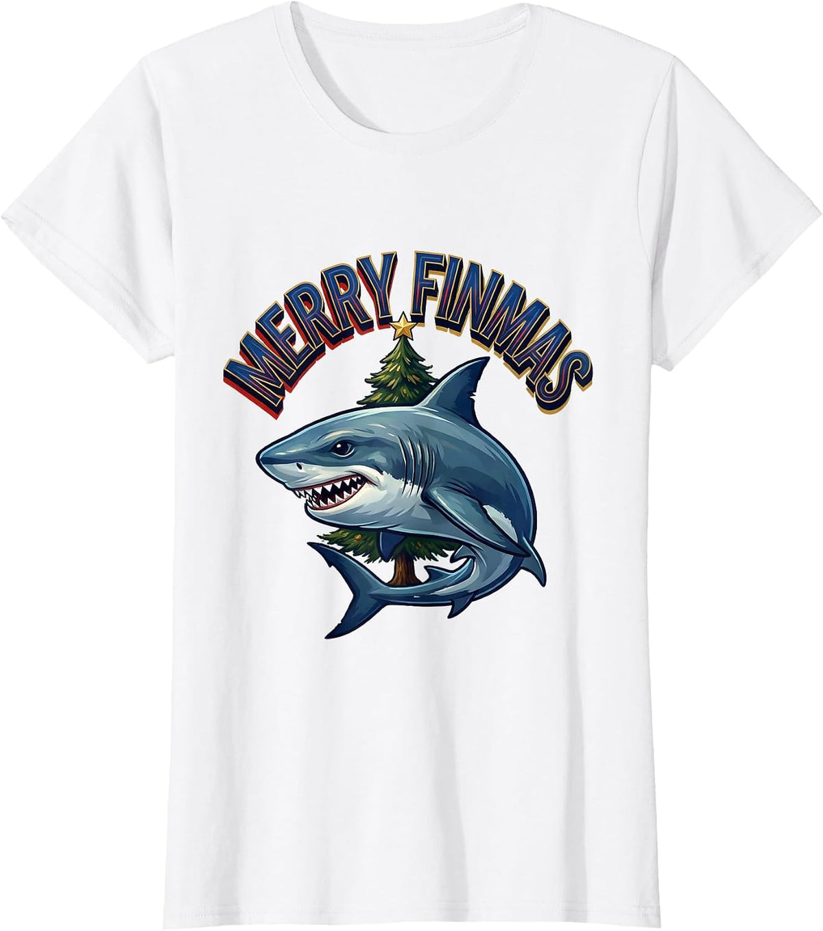 Merry Finmas Funny Shark Christmas Pun Novelty T-Shirt - White