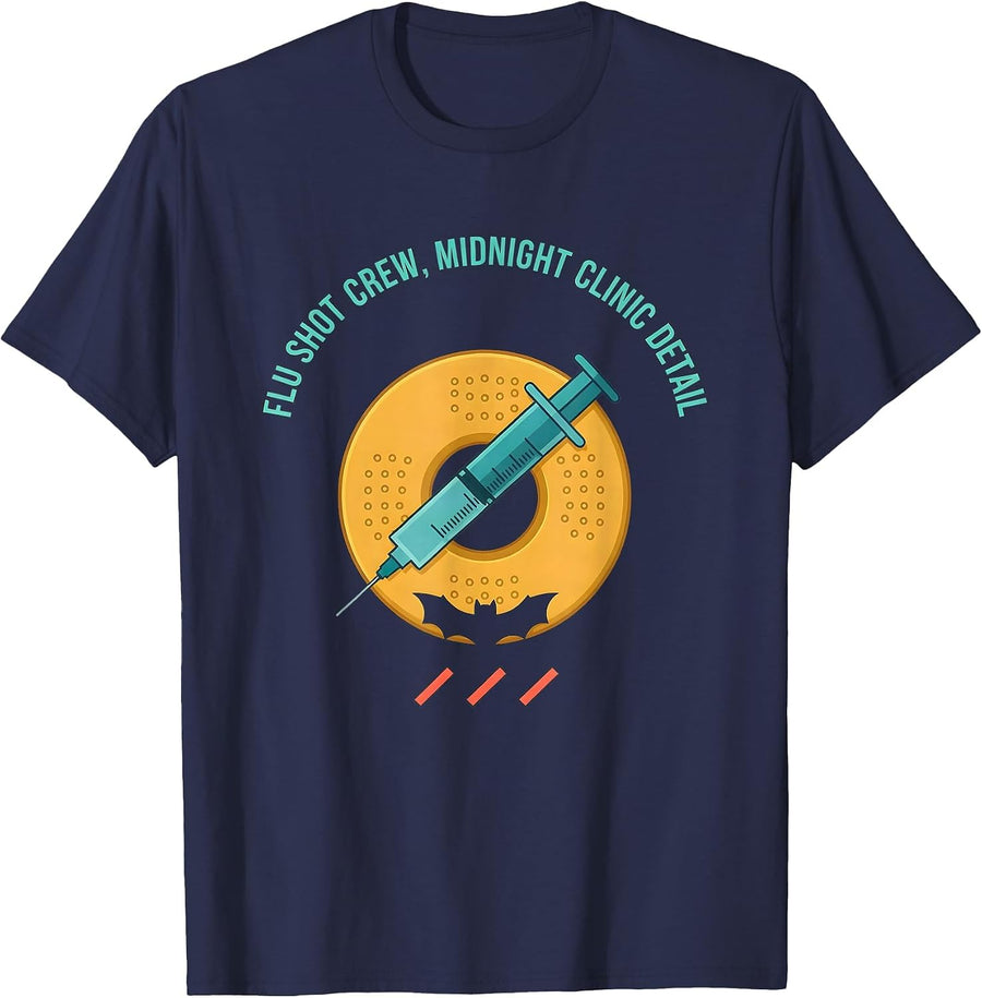Flu Shot Crew Midnight Clinic Detail Funny Nurse Halloween T-Shirt - Navy Blue