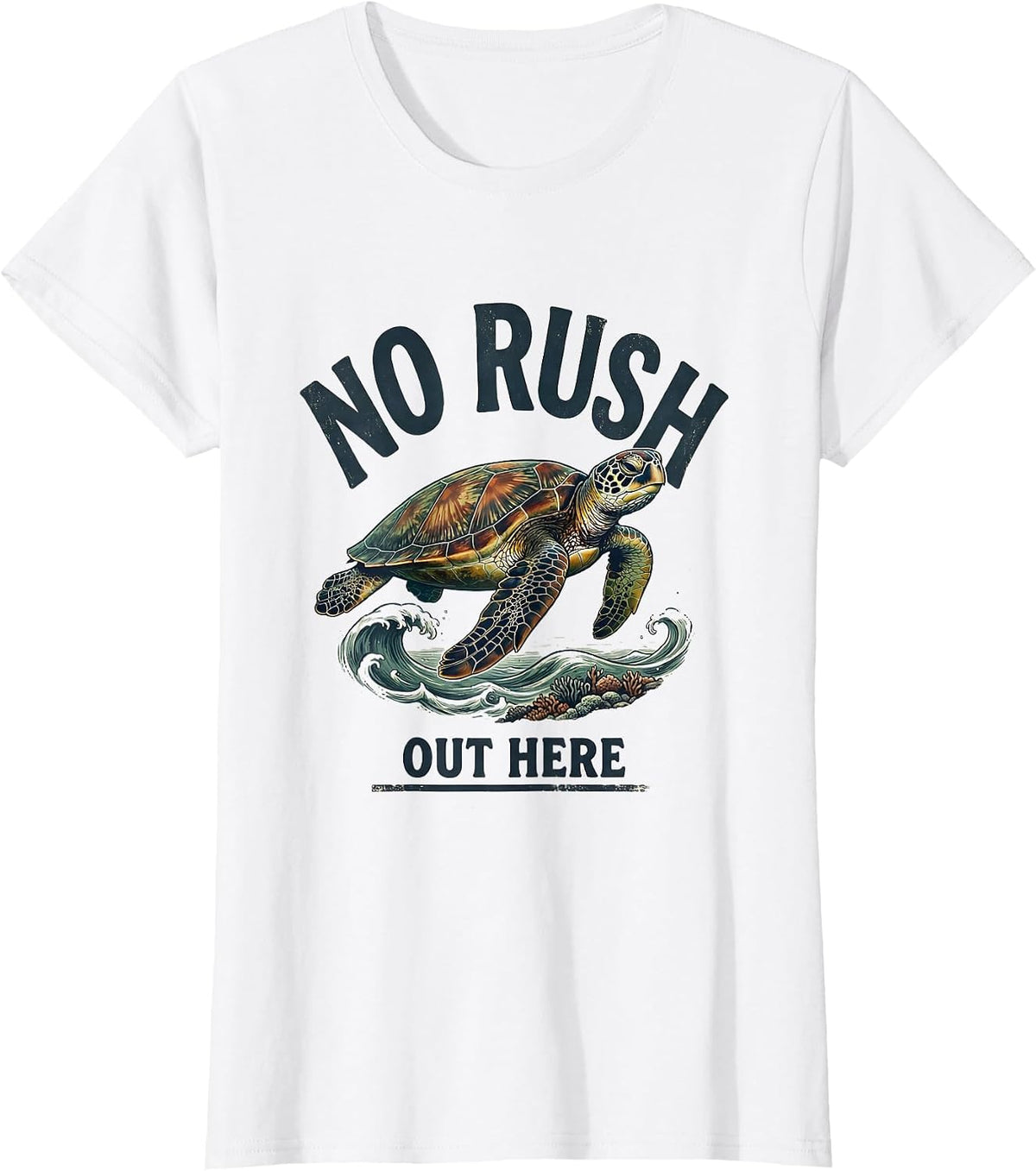 Women's No Rush Out Here Vintage Sea Turtle Beach Vacation Souvenir T-Shirt - White