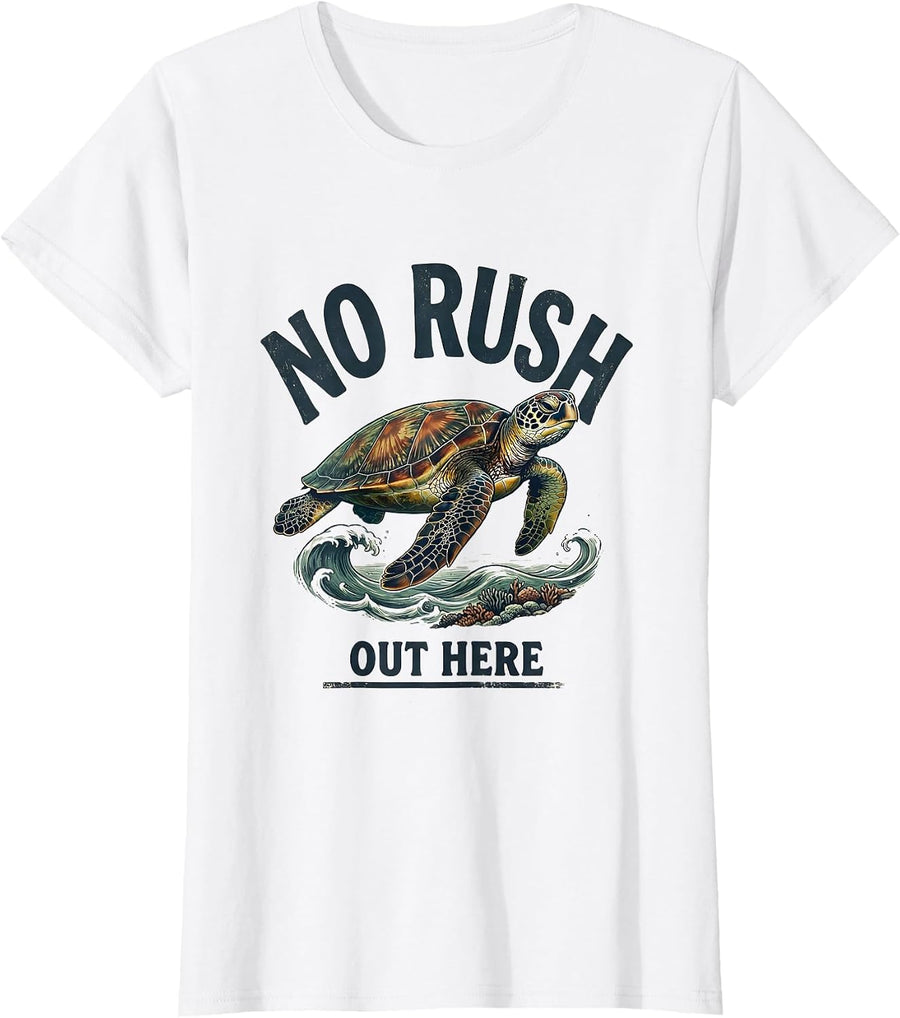 Women's No Rush Out Here Vintage Sea Turtle Beach Vacation Souvenir T-Shirt - White