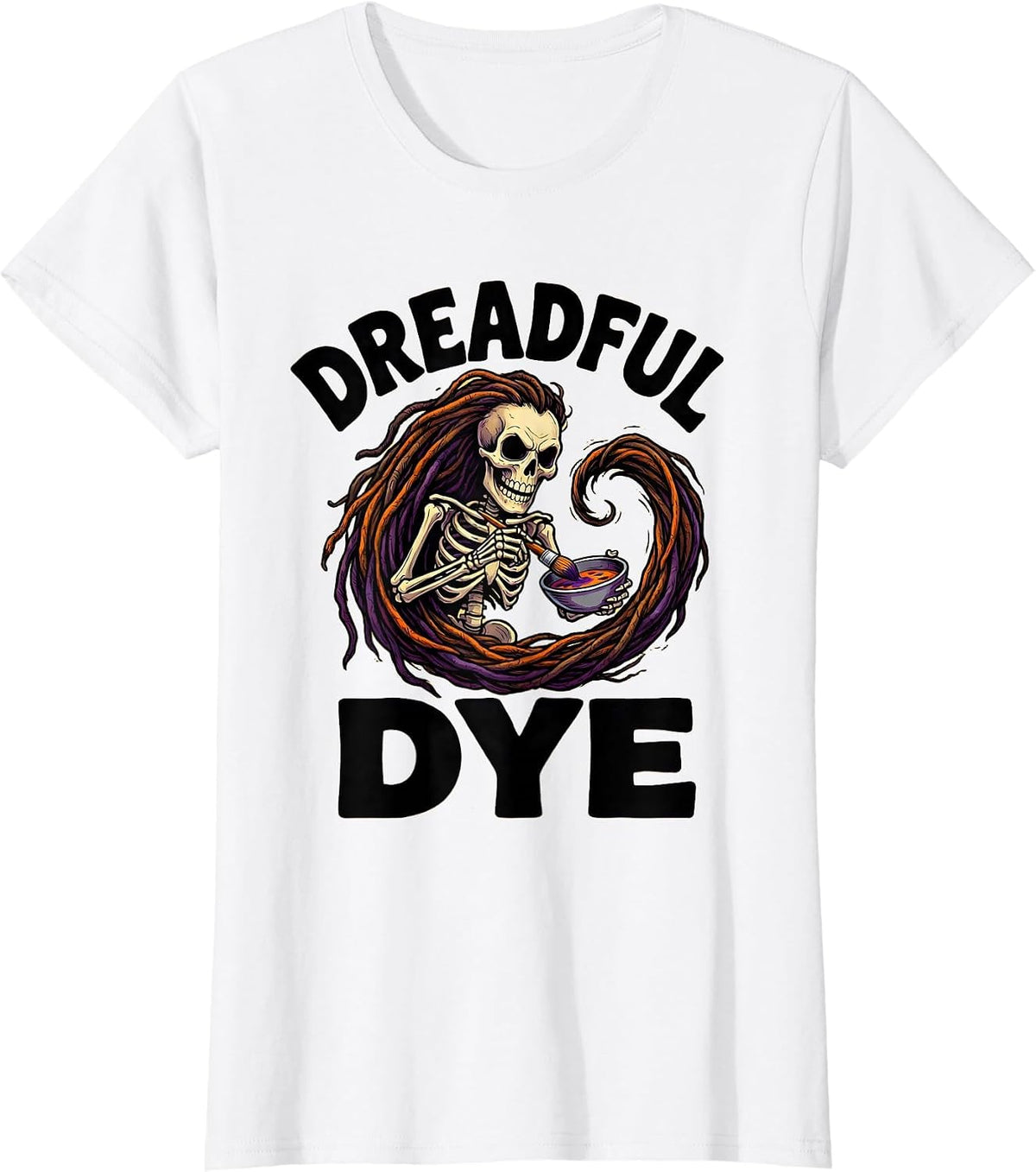 Women's Dreadful Dye Cartoon Skeleton Hair Stylist Halloween Barber T-Shirt - White