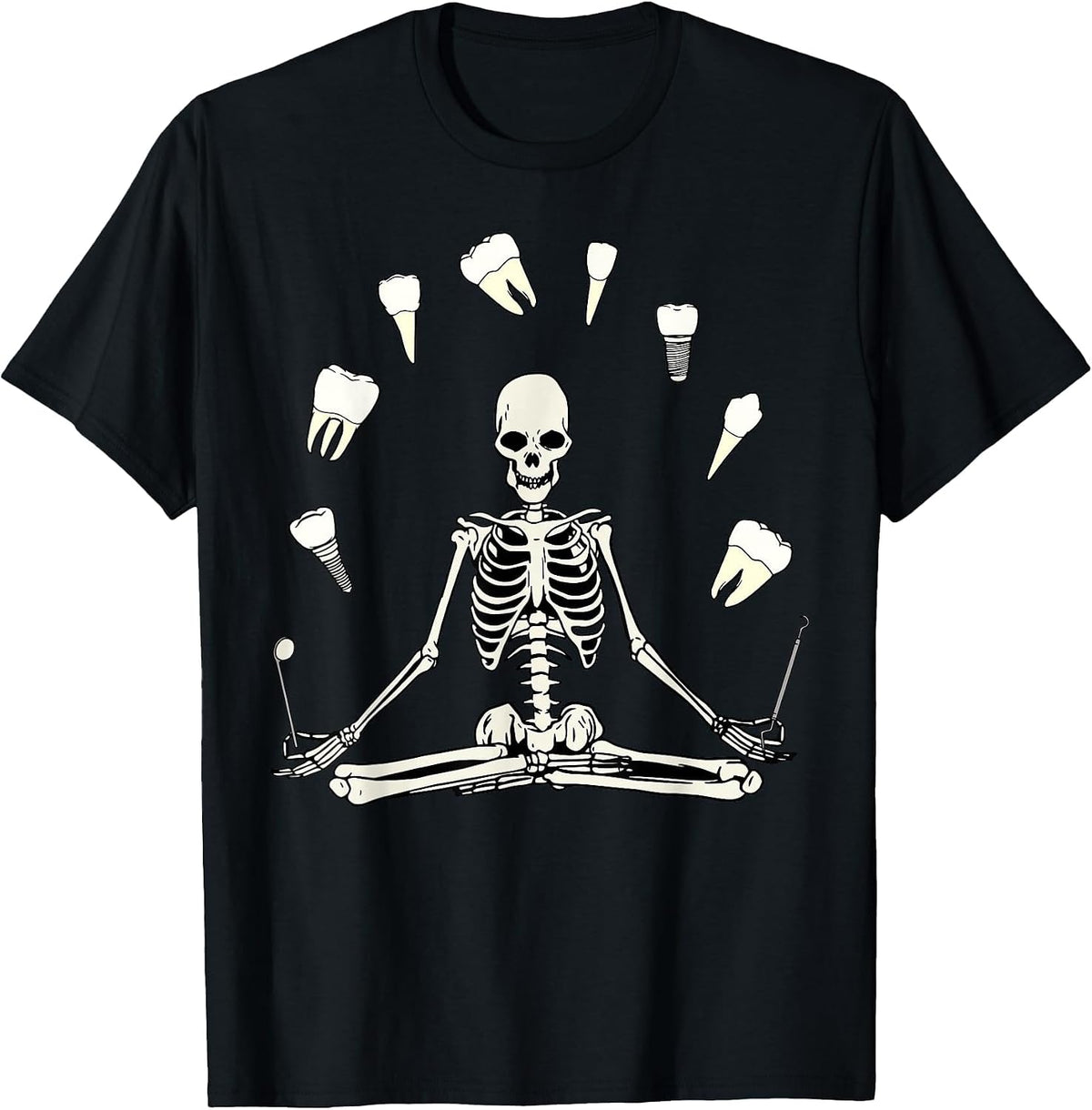 Funny Skeleton Yoga Dental Hygienist Tooth Dentist Halloween T-Shirt - Black