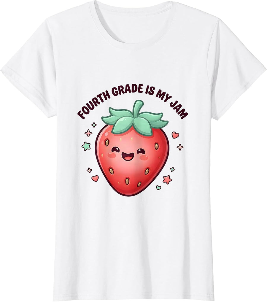 Women's Fourth Grade Is My Jam Cute Kawaii Strawberry Back To School T-Shirt - White