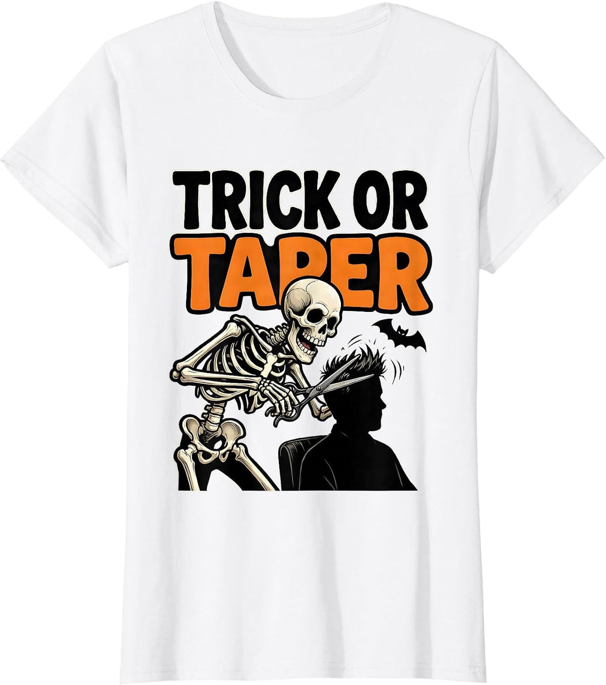 Women's Trick Or Taper Funny Skeleton Barber Halloween Hairstylist T-Shirt - White