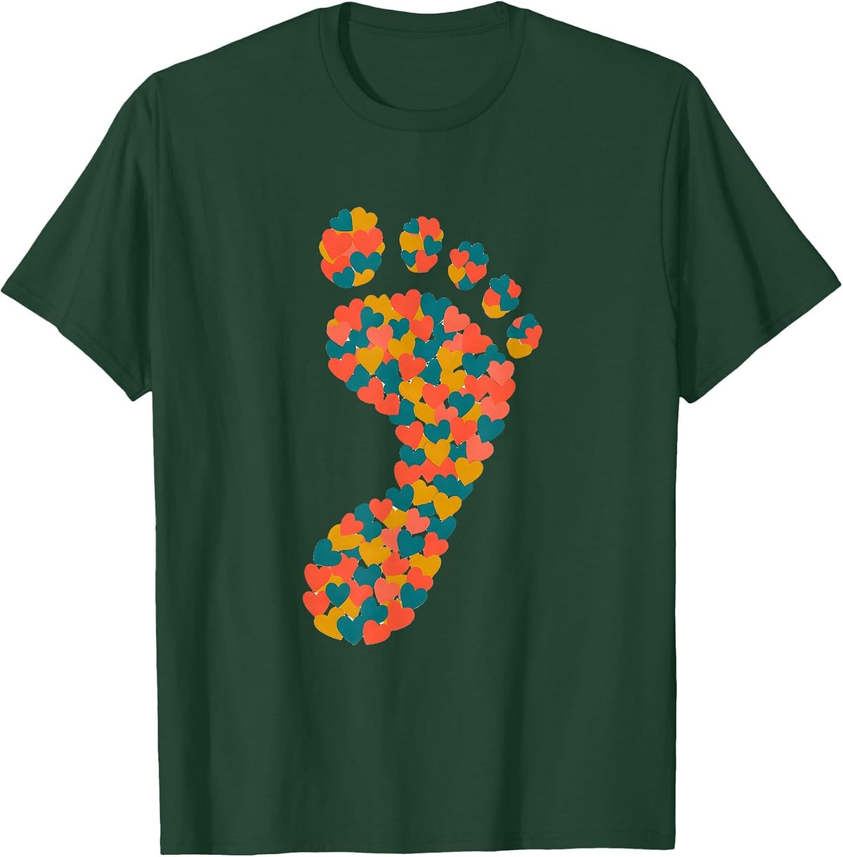 Pediatric Nurse Baby Footprint Hearts Illustration T-Shirt - Dark Green