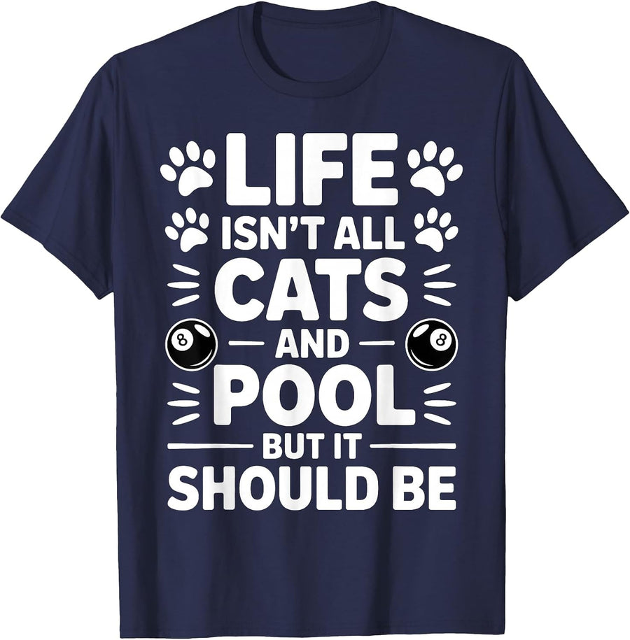 Cats and Pool Billiards Funny Pool T-Shirt - Navy Blue