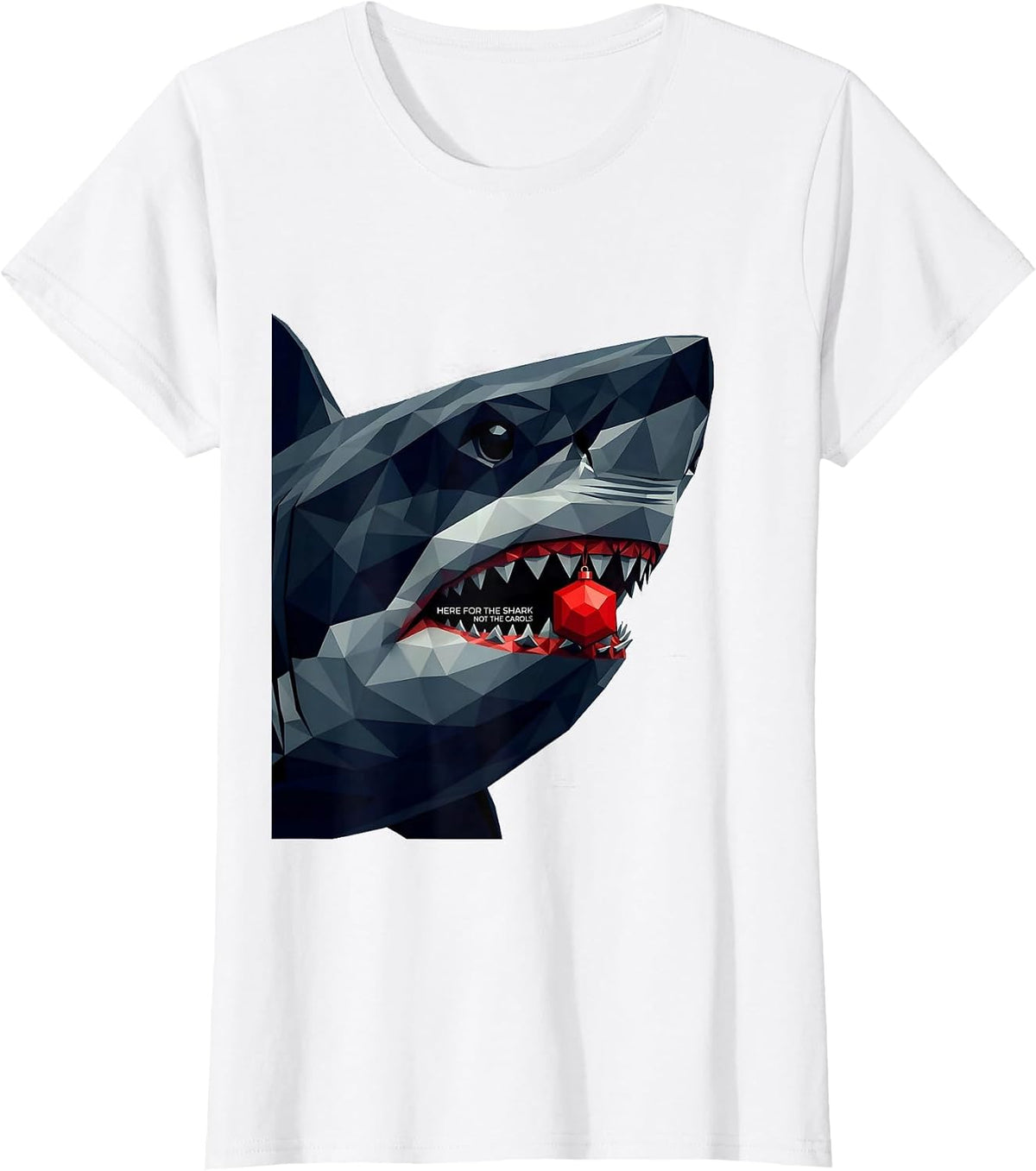 Here For The Shark Not The Carols Geometric Ugly Christmas T-Shirt - White