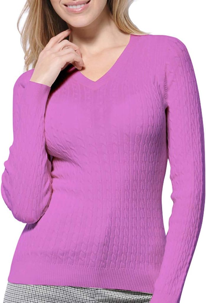Monterey Club Women's Fine Gauge Cable Knit V-Neck Sweater #6134 - Violet