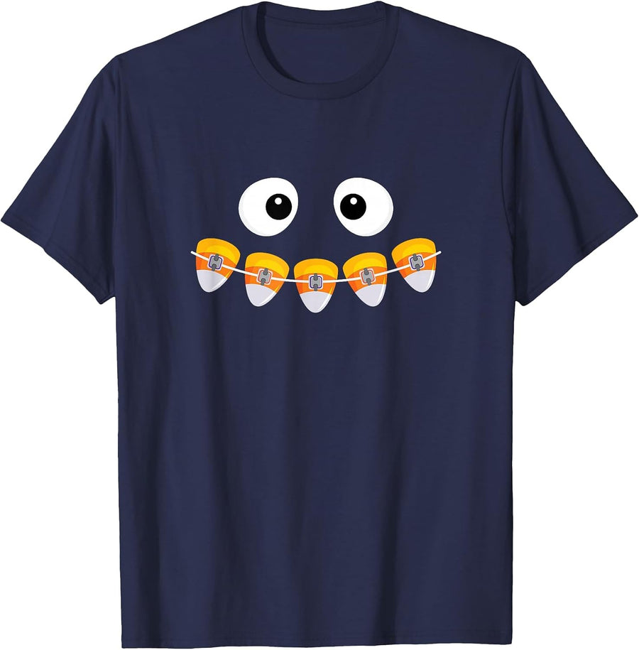 Orthodontist Halloween Dental Brace Rubber Bands Candy Corn T-Shirt - Navy Blue
