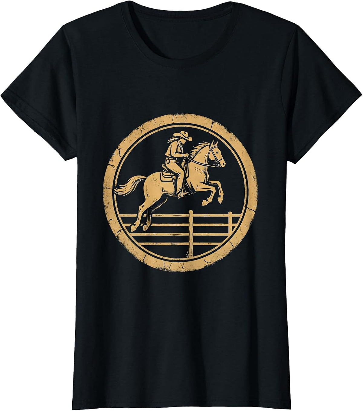 Cowgirl and Horse Jumping Over Fence Graphic T-Shirt - Black