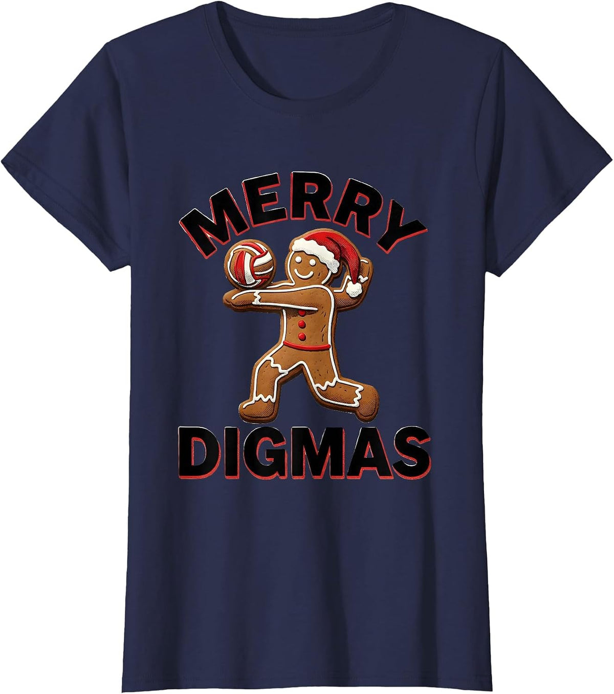 Women's Merry Digmas Gingerbread Volleyball Player Funny Christmas T-Shirt - Navy Blue