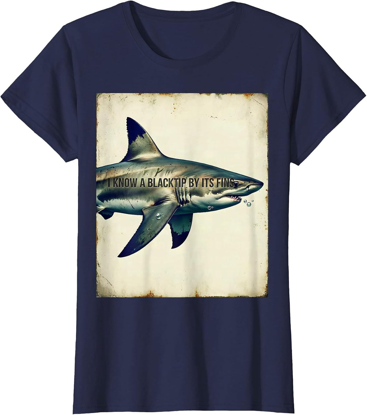 Women's I Know A Blacktip By Its Fins Vintage Shark Lover Ocean T-Shirt - Navy Blue