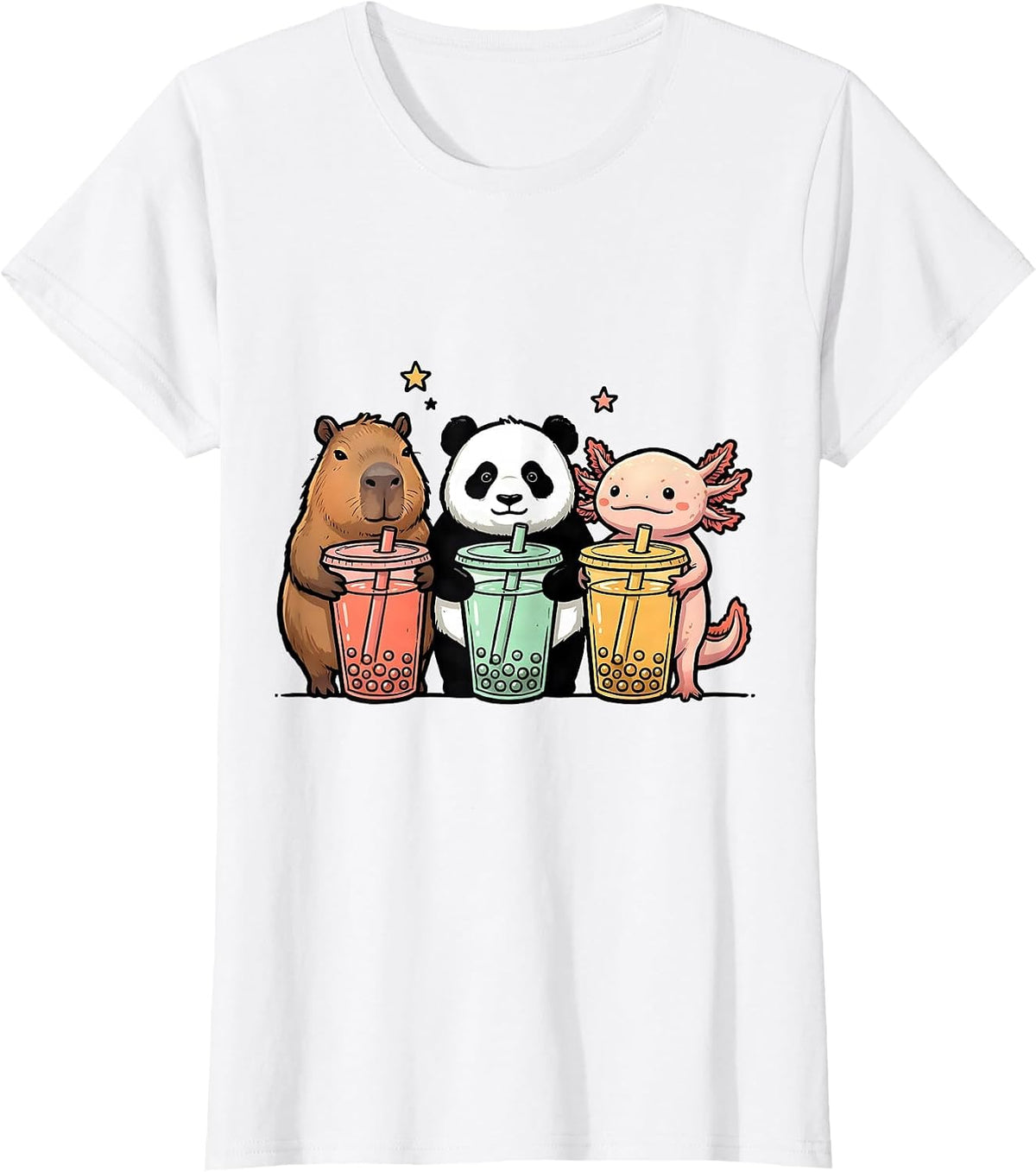Women's Capybara Panda Axolotl Cute Kawaii Anime Boba Tea Girls T-Shirt - White