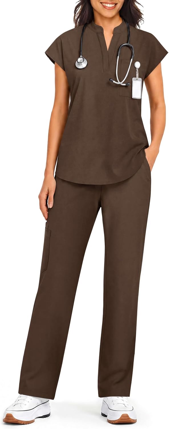 Women's Scrub Set V-Neck Top & Straight-Leg Pants with 7 Pockets - Brown