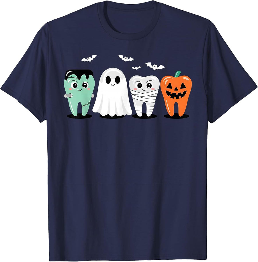 Cute Halloween Dentist Dental Hygienist Spooky Teeth T-Shirt - Navy Blue