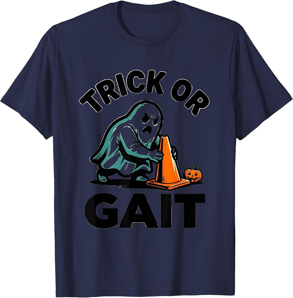 Trick Or Gait Cartoon Ghost OT PT Therapist Halloween Humor T-Shirt - Navy Blue