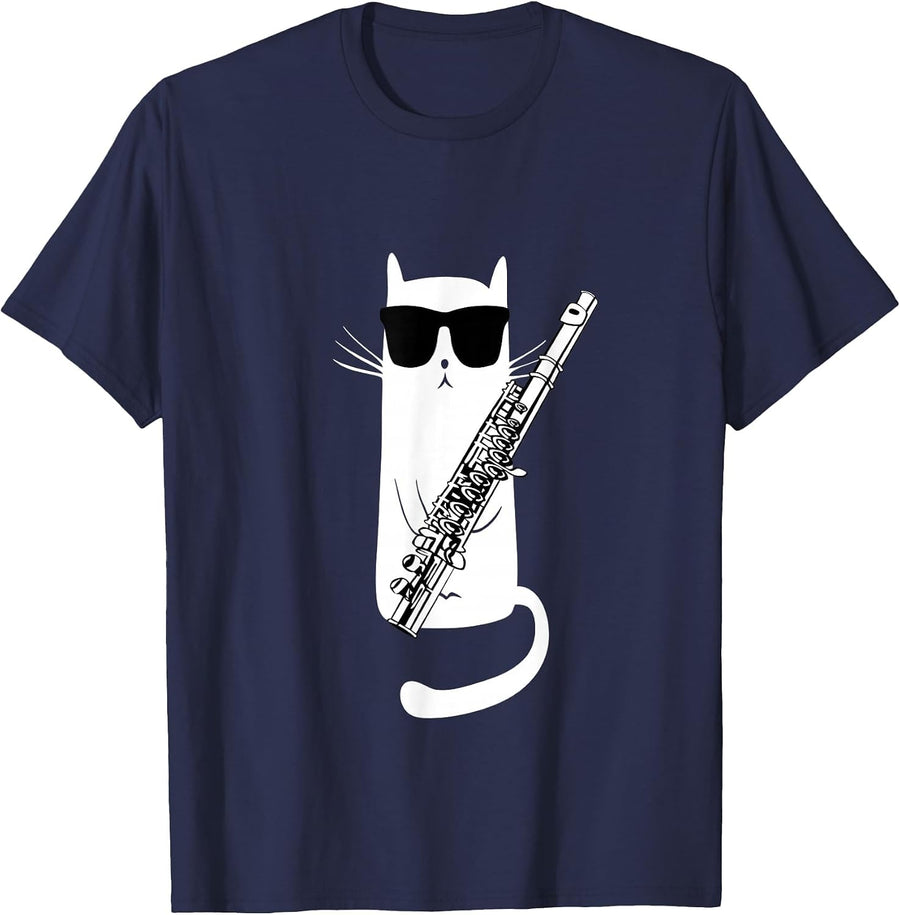 Funny Cat Wearing Sunglasses Playing Flute T-Shirt - Navy Blue