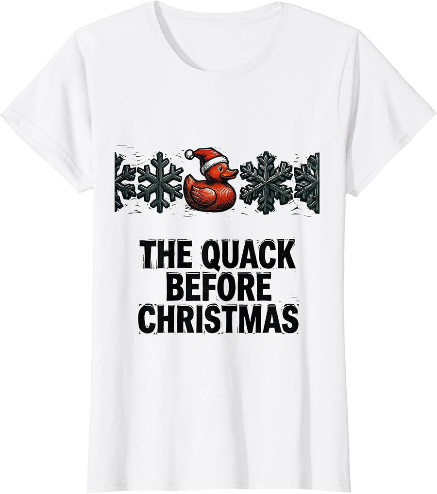 Women's The Quack Before Christmas Linocut Funny Duck Lover Pajama T-Shirt - White