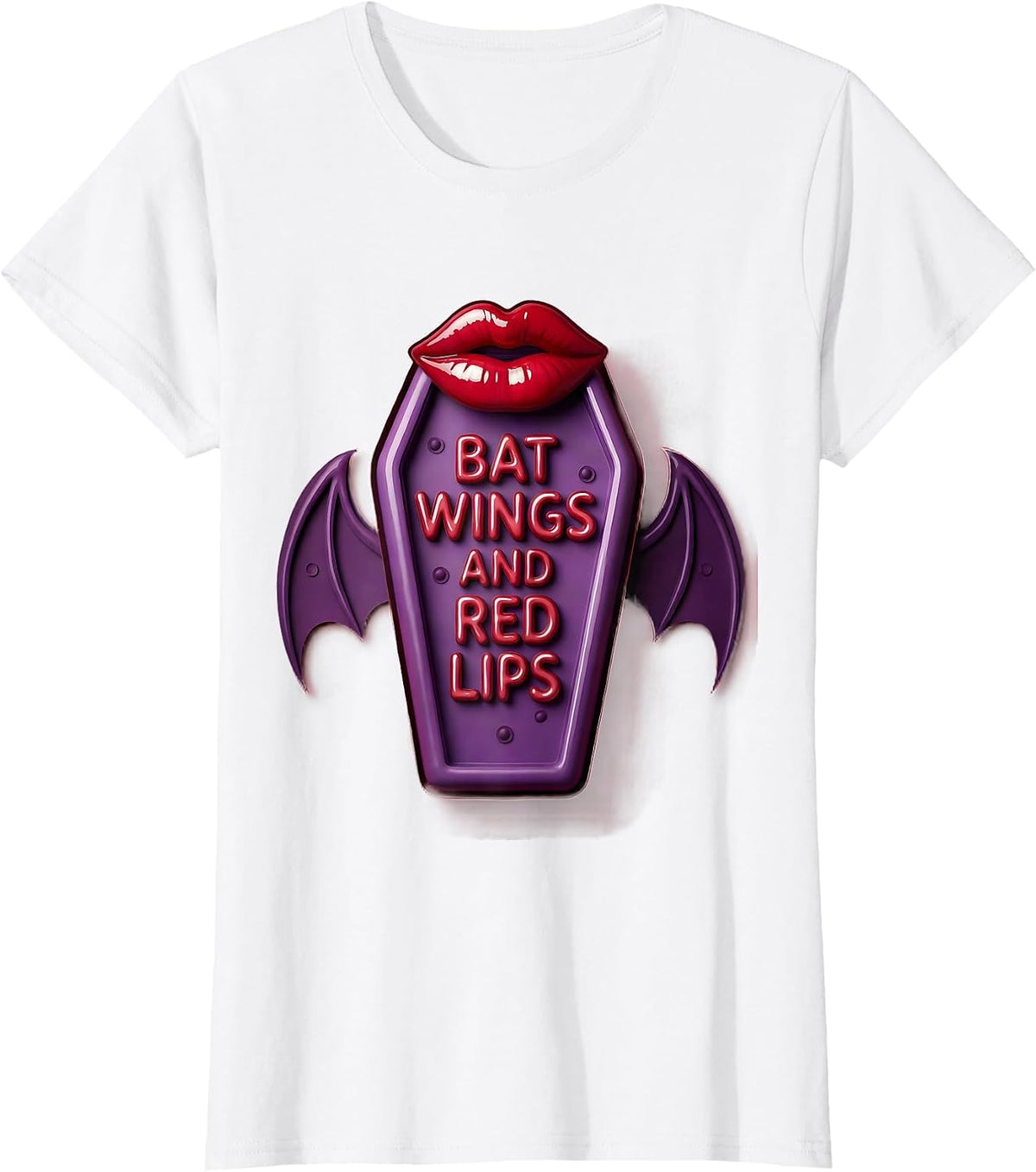 Women's Bat Wings and Red Lips Goth Aesthetic Design T-Shirt - White
