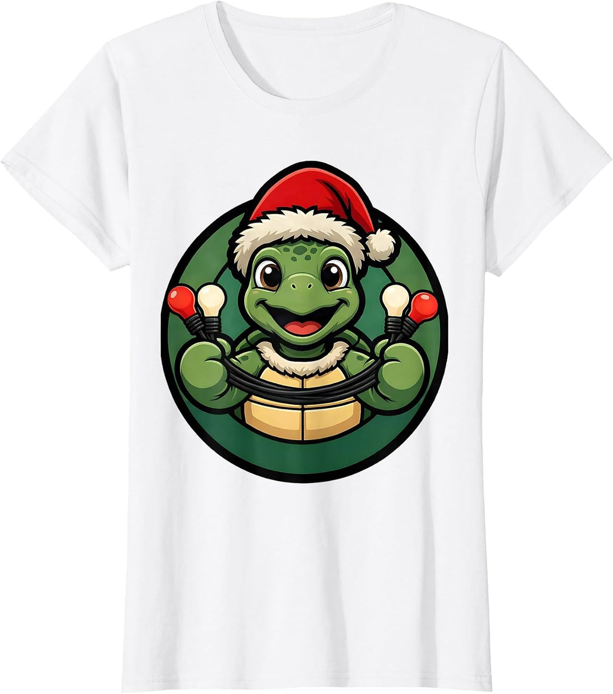 Women's Sea Turtle Santa Hat Mascot Logo Christmas Lights Novelty T-Shirt - White