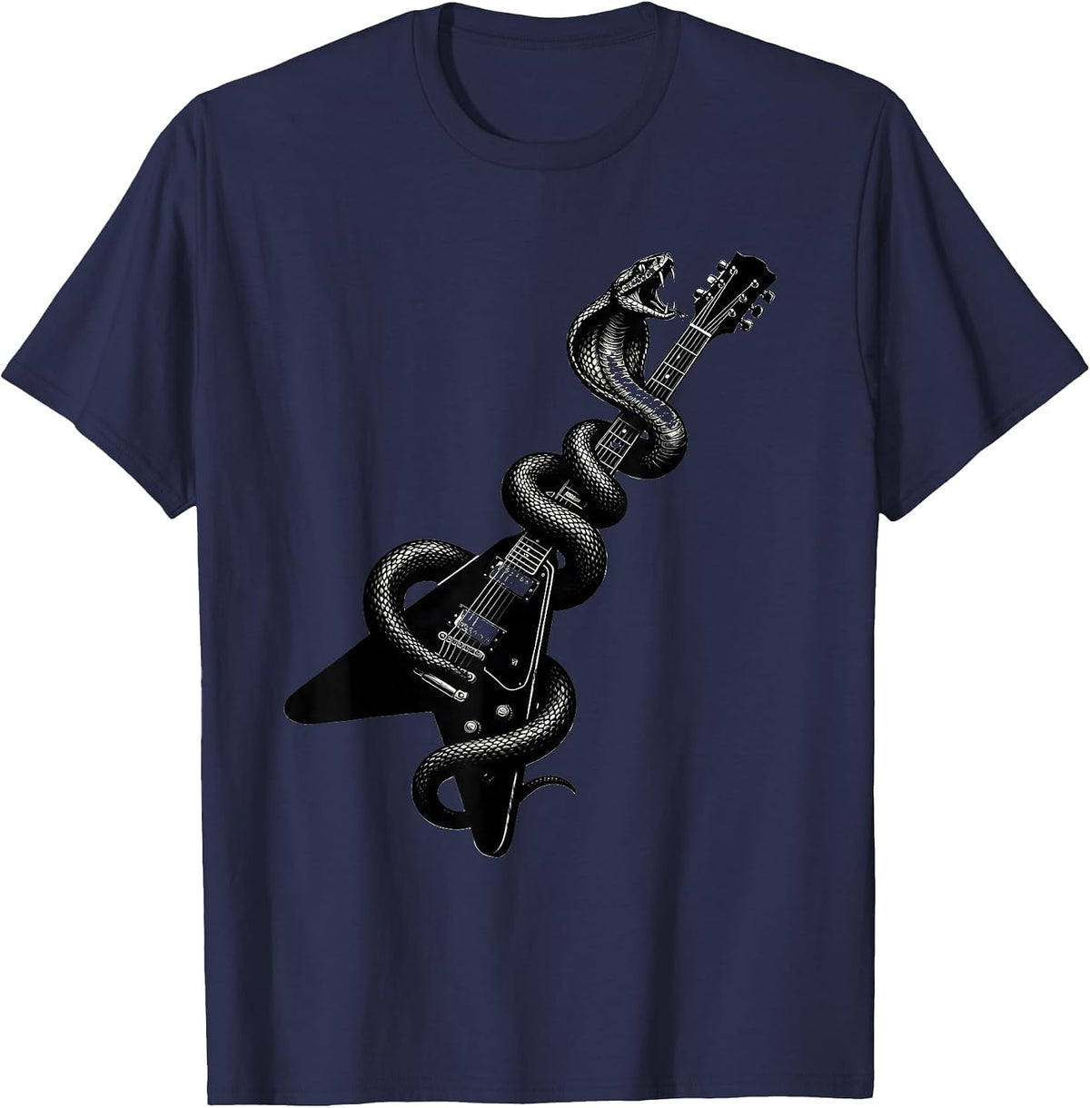 Snake Coiled Around Flying-V Guitar Rock Design T-Shirt - Navy Blue
